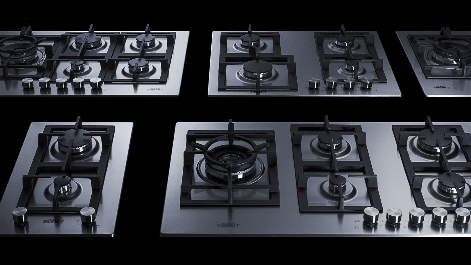 5-burner LP gas cooktop made in Italy with sealed burners, multiple heating outputs, cast iron grateS, 304 grade stainless steel surface, and stainless steel trim kit to cover 36